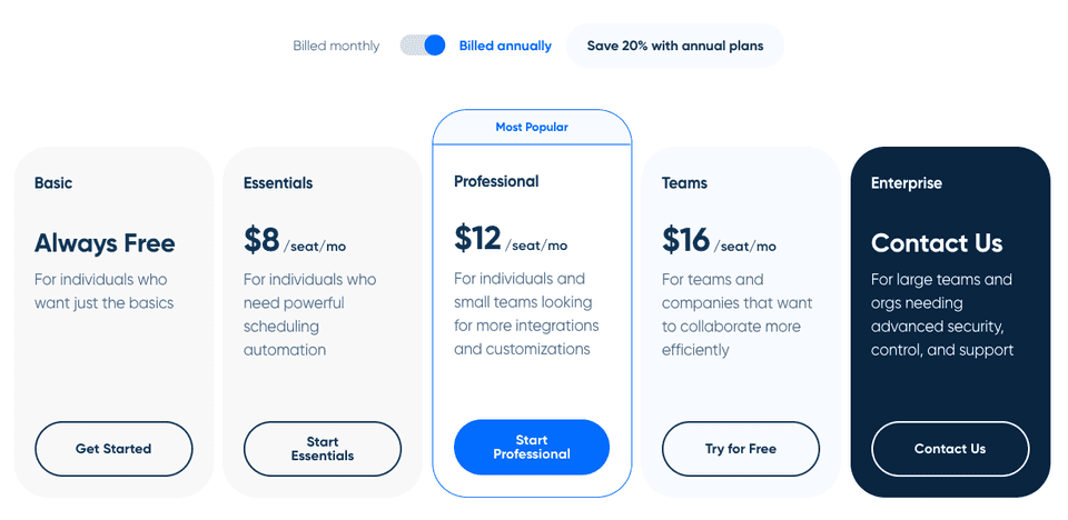 Calendly pricing table